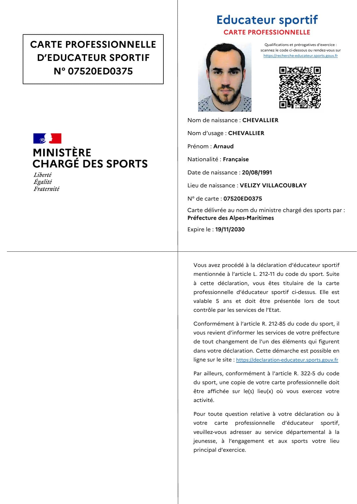 Carte Professionnelle d'Éducateur Sportif N° 07520ED0375