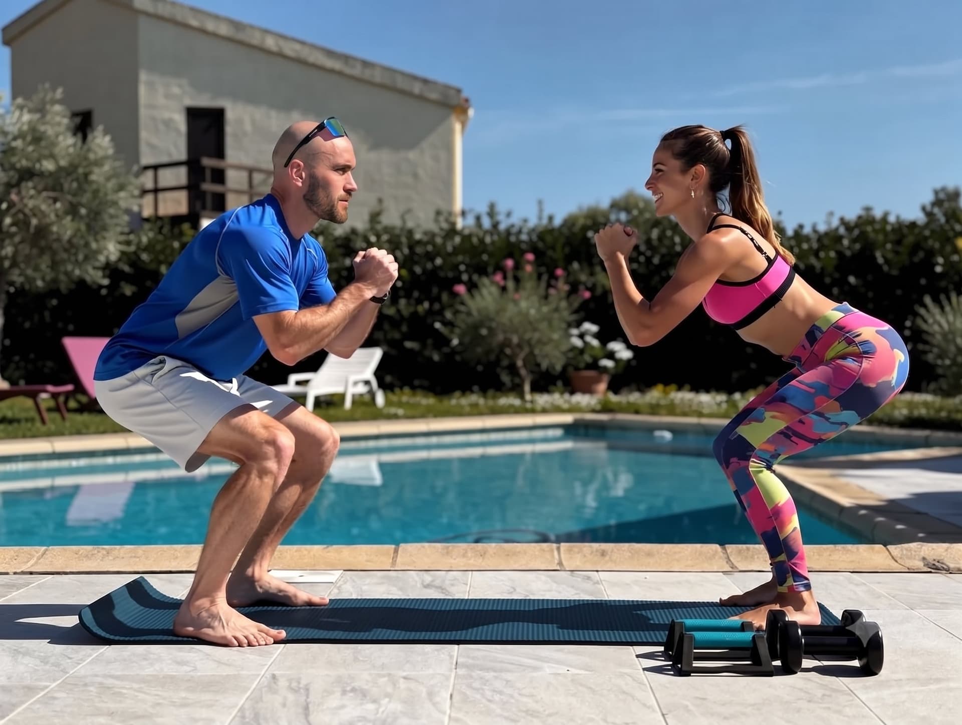 Séance de squats en duo au bord de la piscine